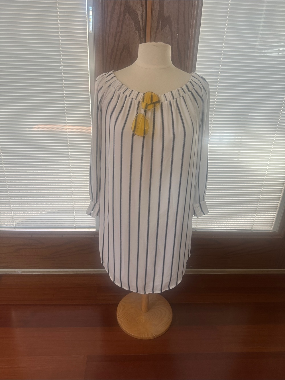 Forever 21 White Dress with Navy Vertical Stripes